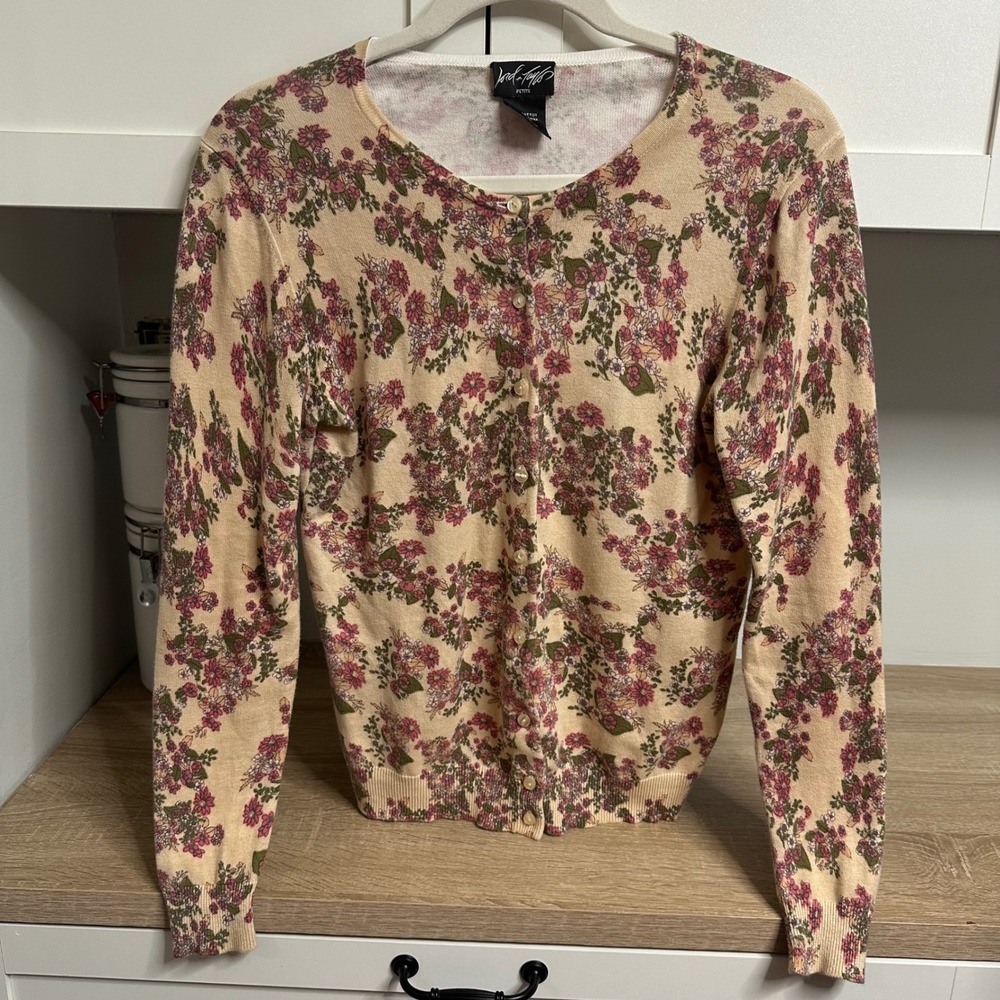 Lord & Taylor Cardigan Women PS Feminine Floral Cotton Button Front Sweater Soft